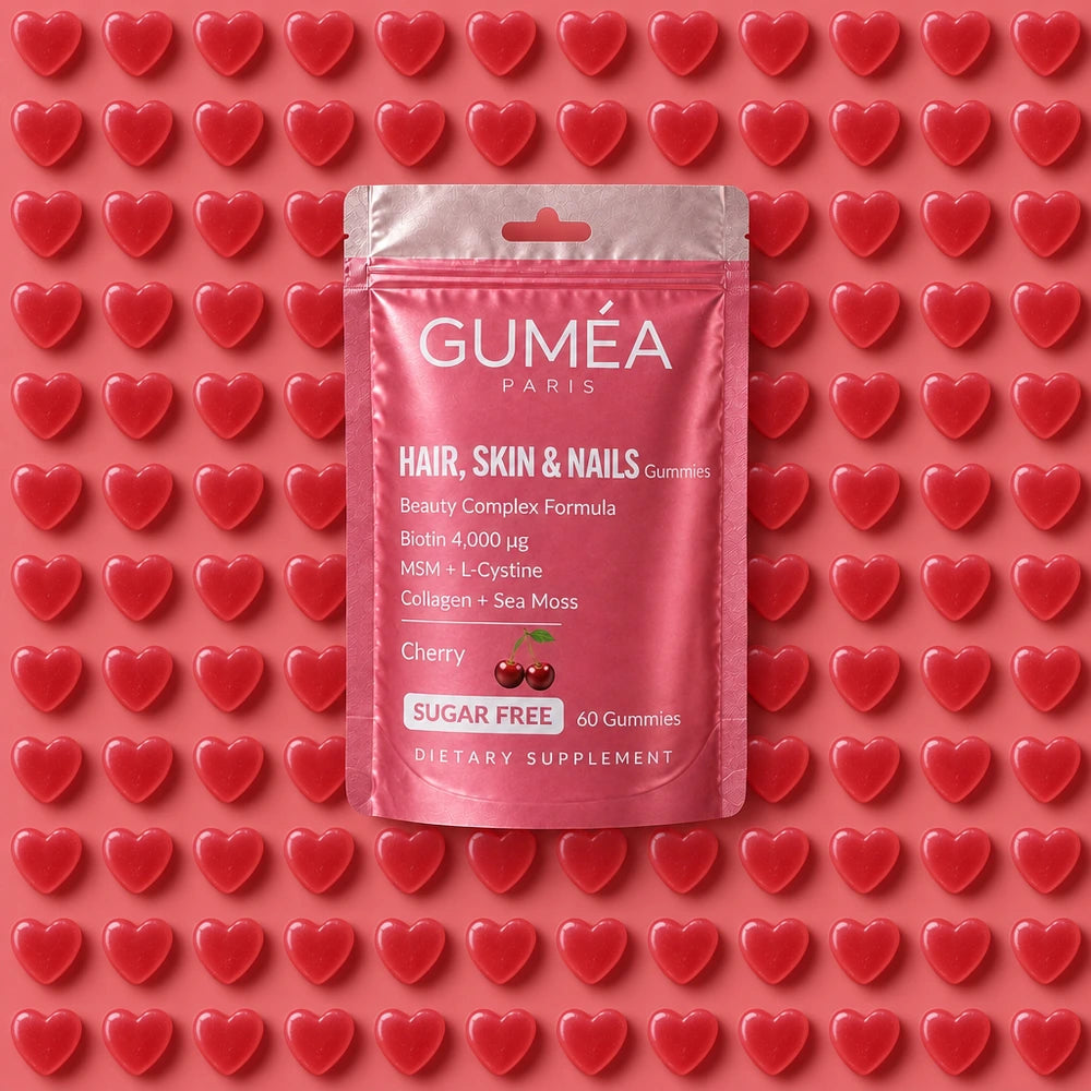 Guméa Hair, Skin & Nails Gummies, sachet sur gummies cœurs cerise