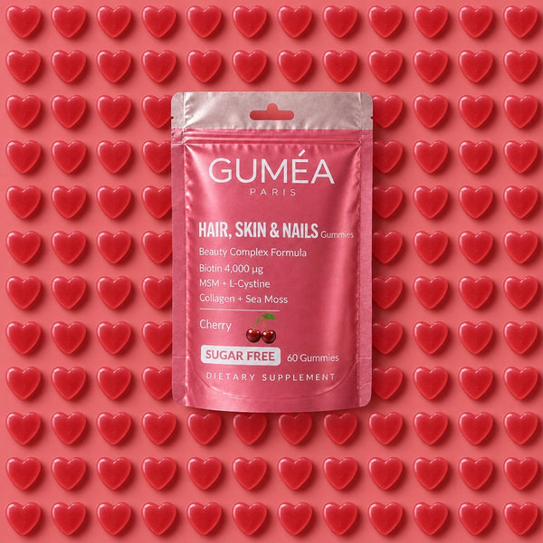 Guméa Hair, Skin & Nails Gummies, sachet sur gummies cœurs cerise