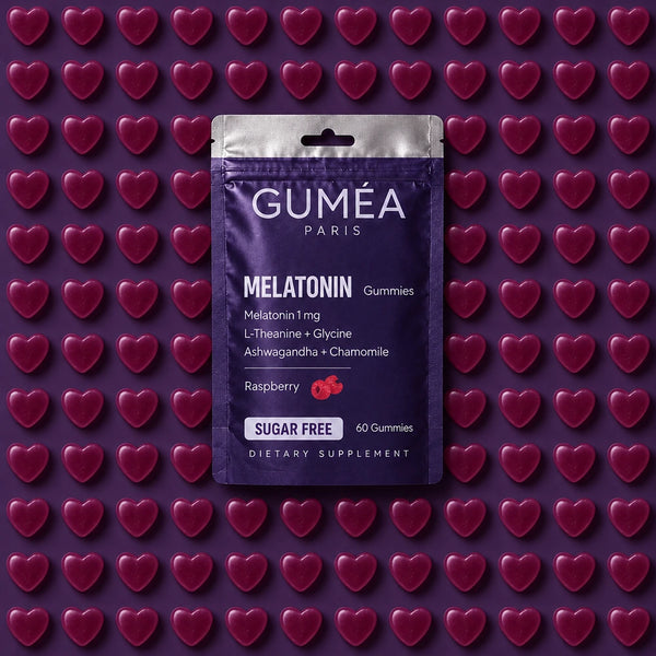 Guméa Mélatonine Gummies, sachet sur gummies cœurs framboise