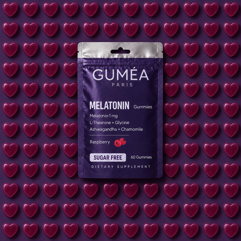 Guméa Mélatonine Gummies, sachet sur gummies cœurs framboise